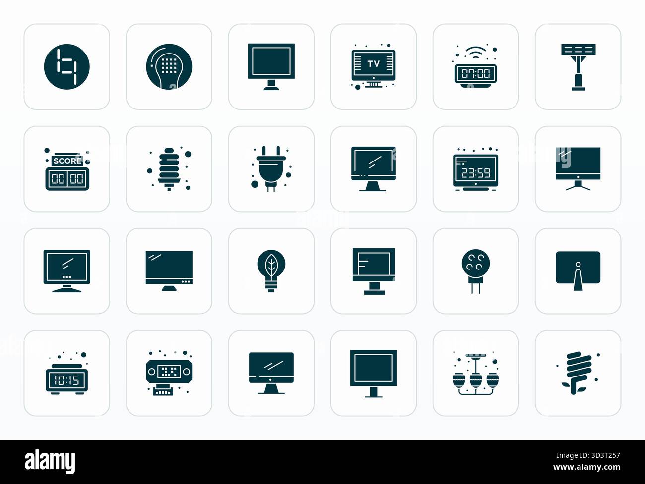 Masterfully created 24 vector icons representing Led in Glyph design, featuring 64x64 Grid Fitted resolution for exceptional visual quality. Stock Vector