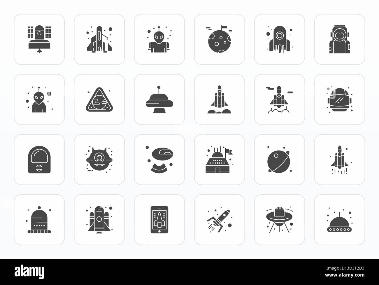 This Spaceship vector icon pack includes 24 Glyph designs in High Resolution Grid Fitted format, perfect for enhancing digital interfaces. Stock Vector