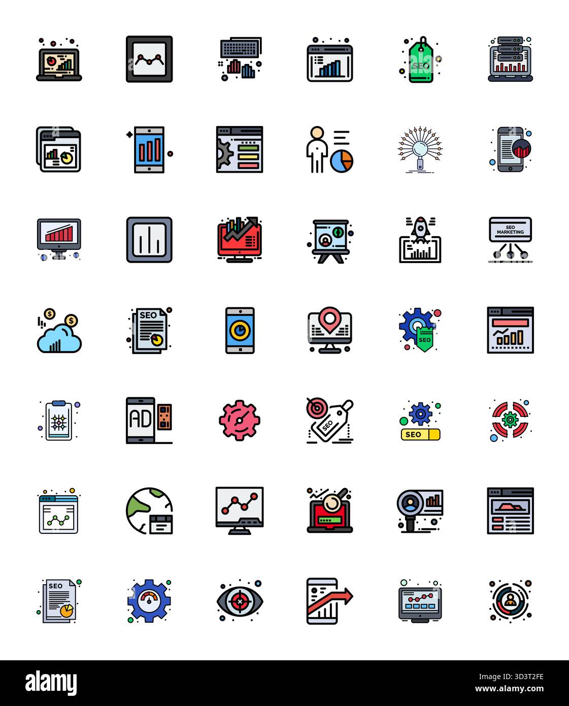 Comprehensive toolkit of 42 vector icons themed around Analytics, developed in Flat Line Filled with High Resolution Detail Enhanced precision for ver Stock Vector