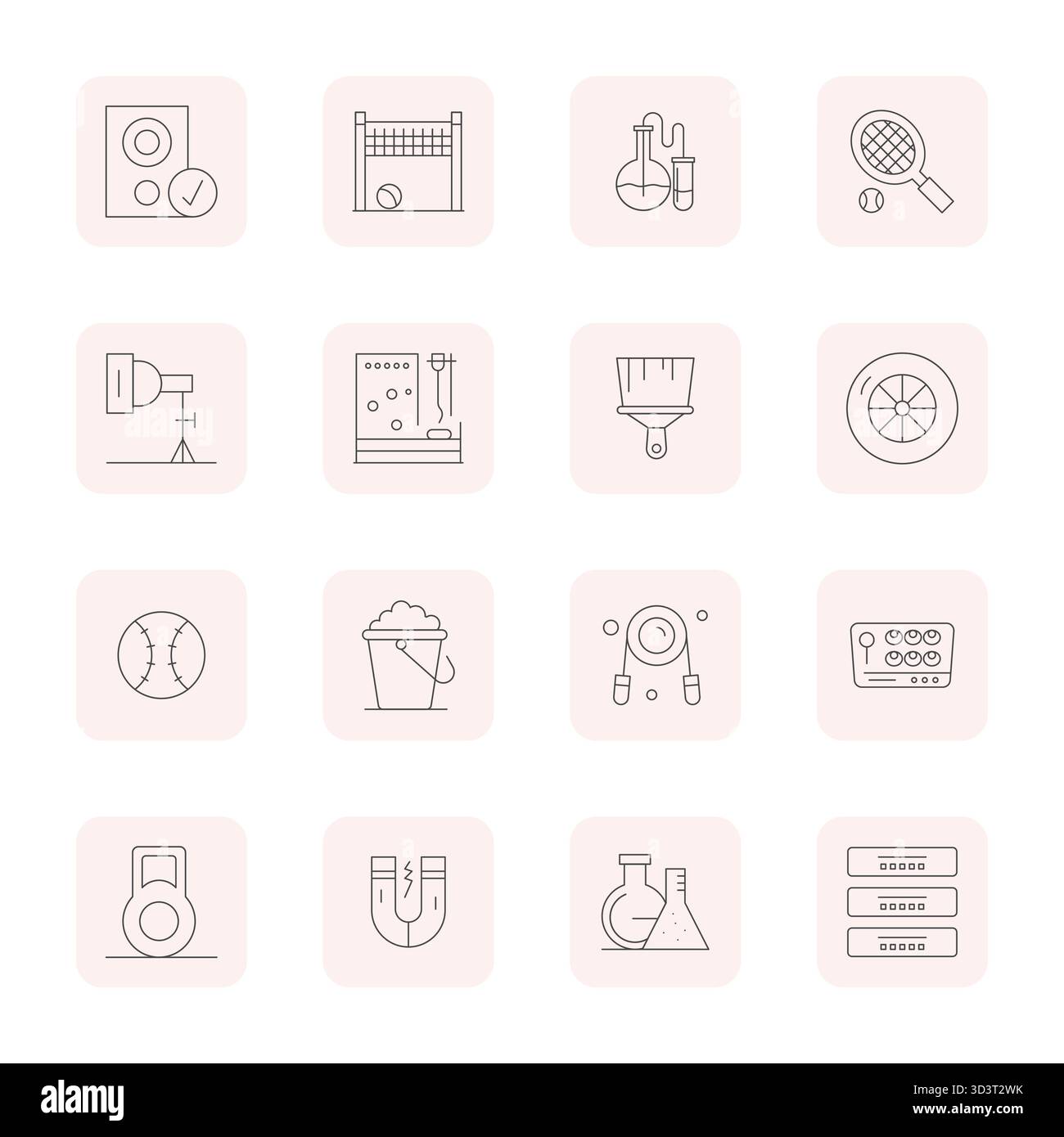 Strategic bundle featuring 16 vector icons representing Equipment in Thin Outline format, optimized with 64x64 Pixel Optimized quality for professiona Stock Vector