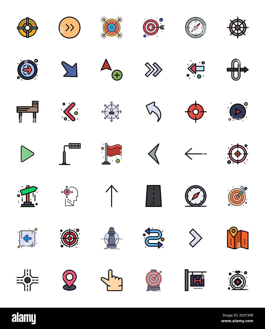 This Direction vector icon pack includes 42 Flat Line Filled designs in 256x256 Grid Fitted format, perfect for enhancing digital interfaces. Stock Vector