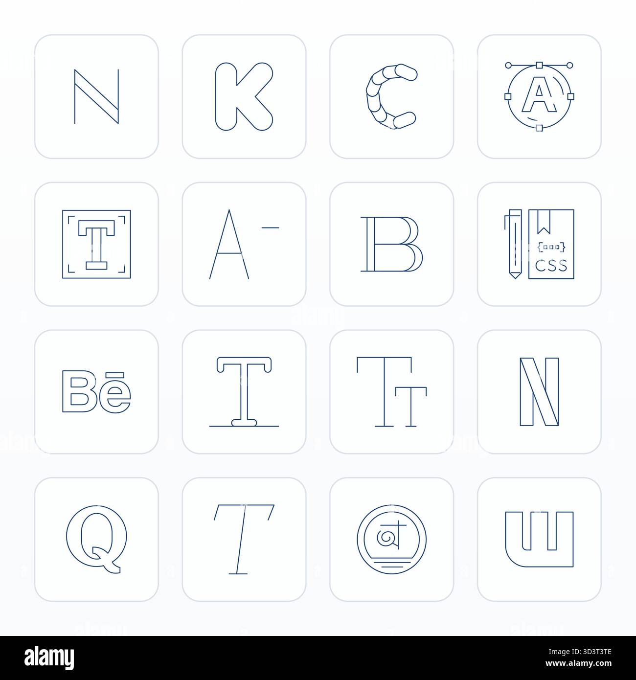 Comprehensive bundle featuring 16 vector icons in Thin Line design for Font, delivered in crisp 128x128 Pixel Optimized quality. Stock Vector