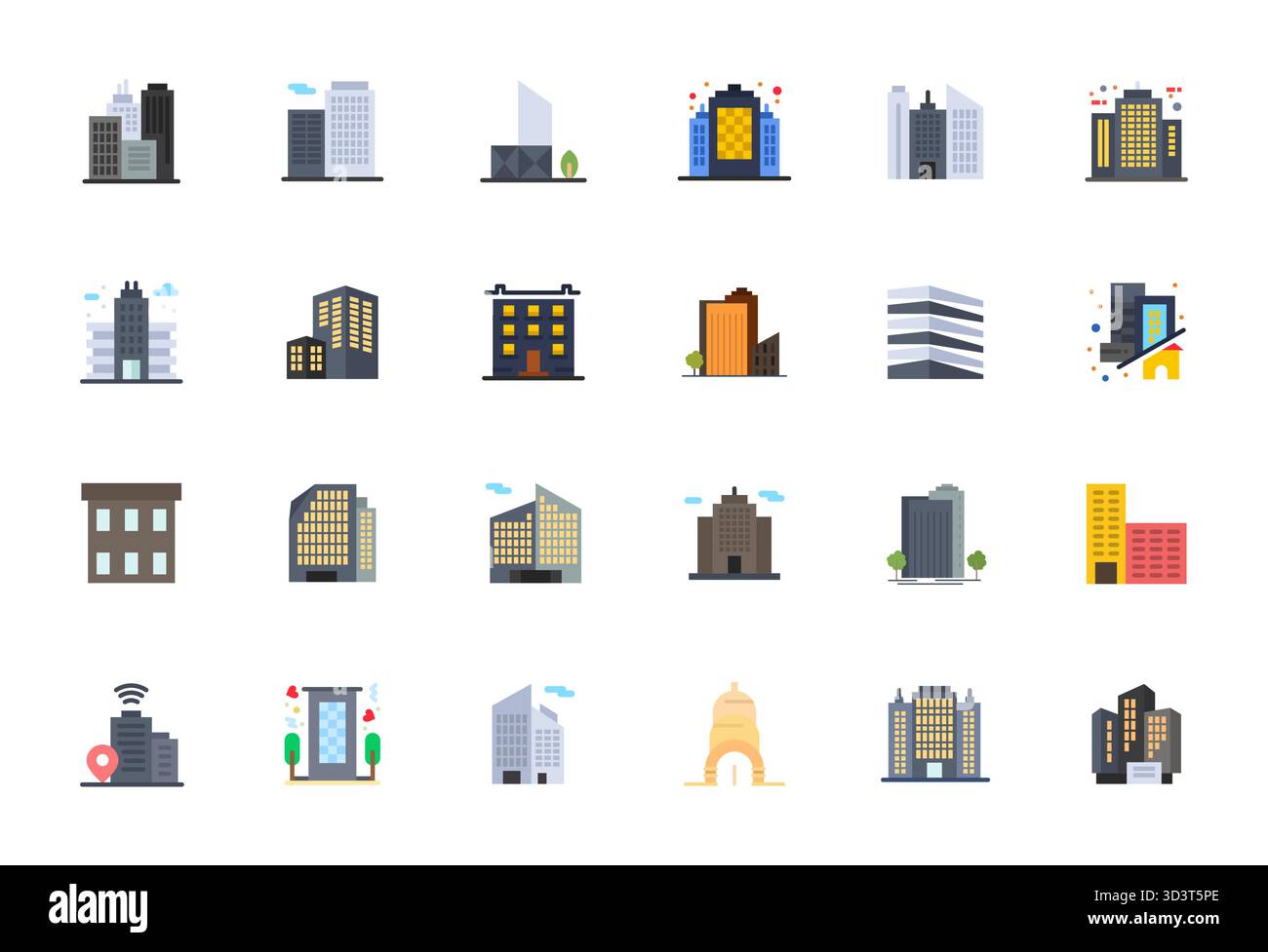 Refined bundle featuring 24 Flat vector icons for Skyscraper, optimized with 256x256 Pixel Optimized quality for elegant and functional design solutio Stock Vector