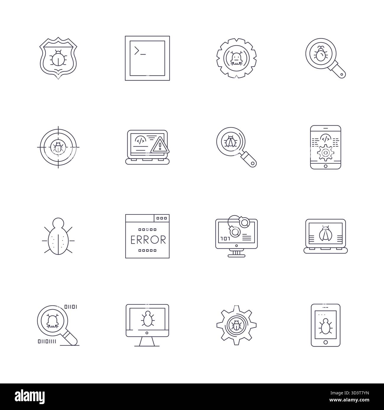 Industry-leading pack of 16 Thin Line Display Perfect vector icons for Debugging, sized at Retina Ready for optimal rendering and user interface excel Stock Vector