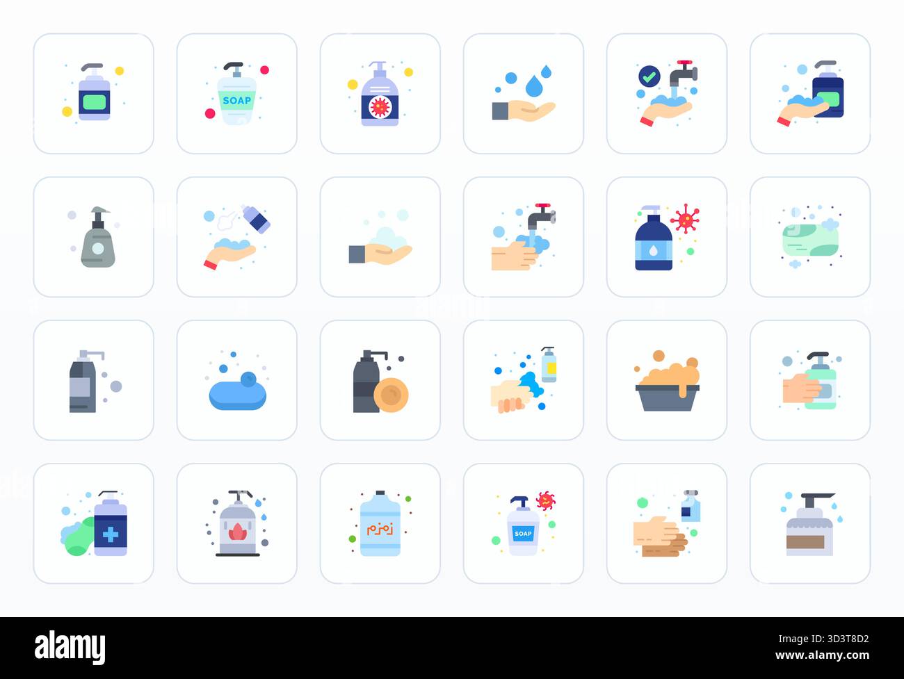 Refined bundle featuring 24 Flat vector icons for Liquid Soap, optimized with High Resolution Editable quality for elegant and functional design solut Stock Vector