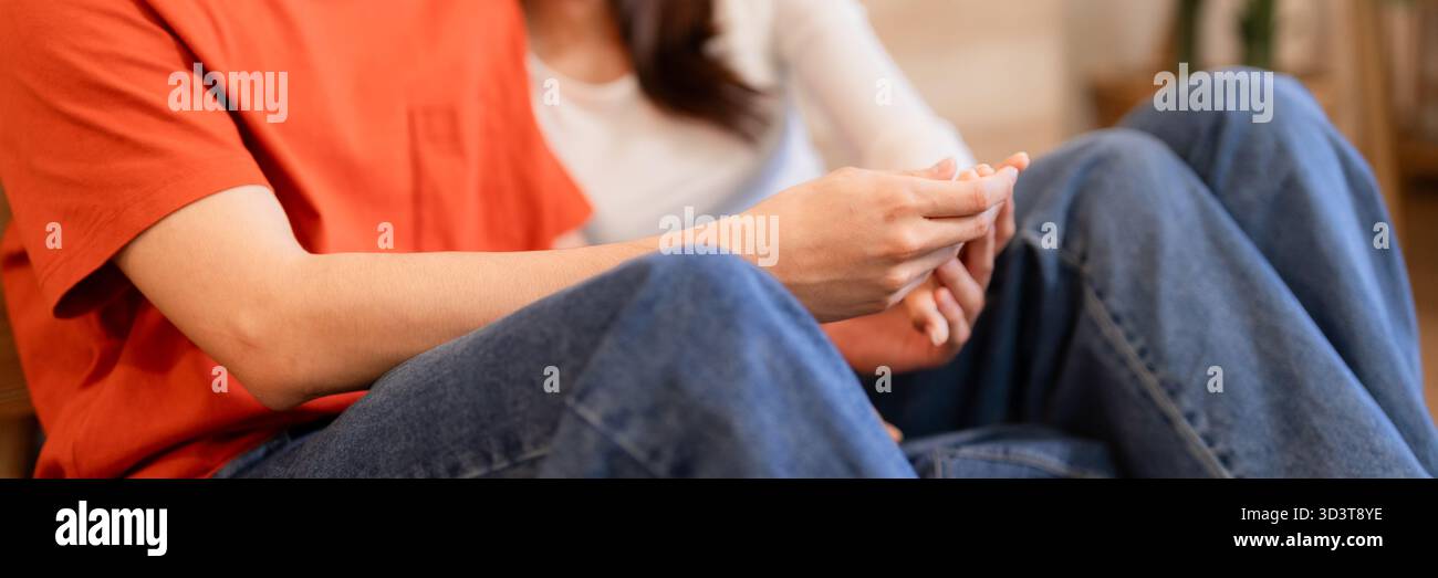 Adult couple demonstrates sincere affection and mutual trust by gently ...
