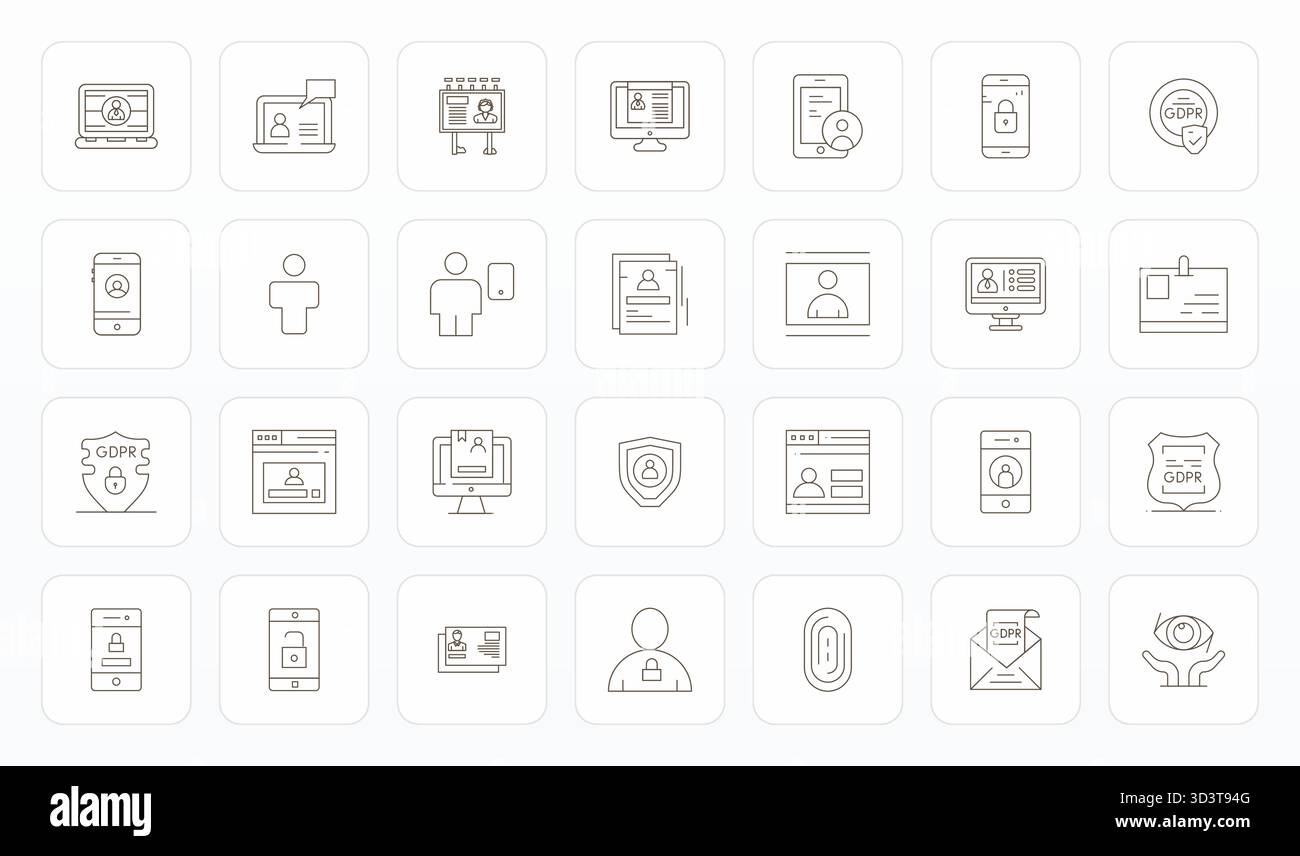 Masterfully created 28 vector icons representing Personal Data in Thin Line design, featuring High Resolution Pixel Aligned resolution for exceptional Stock Vector