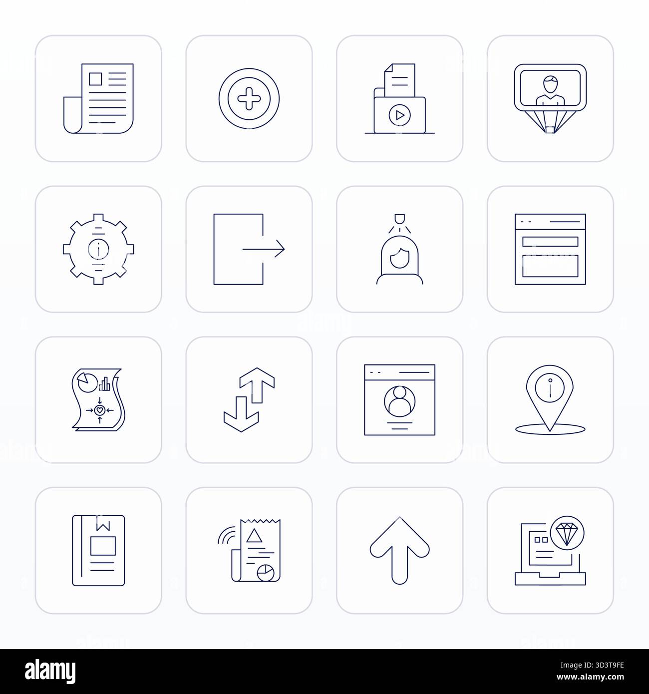 This Data vector icon pack includes 16 Thin Line designs in Retina Ready Pixel Optimized format, perfect for enhancing digital interfaces. Stock Vector