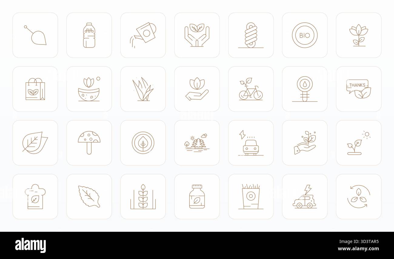 Refined bundle featuring 28 Thin Line vector icons for Eco Friendly, optimized with 256x256 Pixel Optimized quality for elegant and functional design Stock Vector