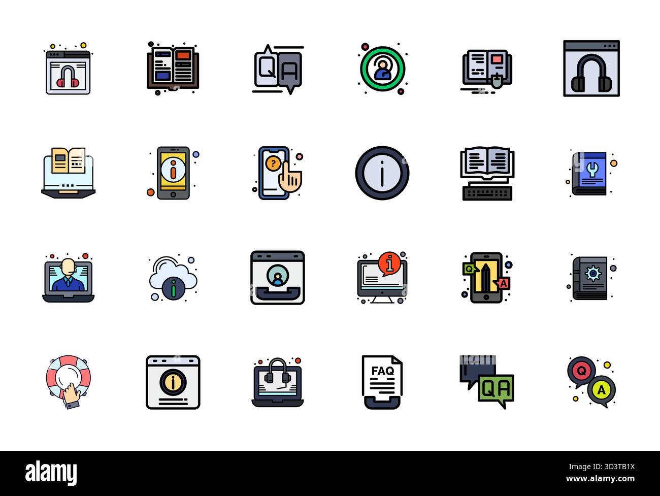 Handcrafted collection featuring 24 Line Filled vector icons for Online Help, optimized in 64x64 Pixel Aligned resolution for premium digital experien Stock Vector