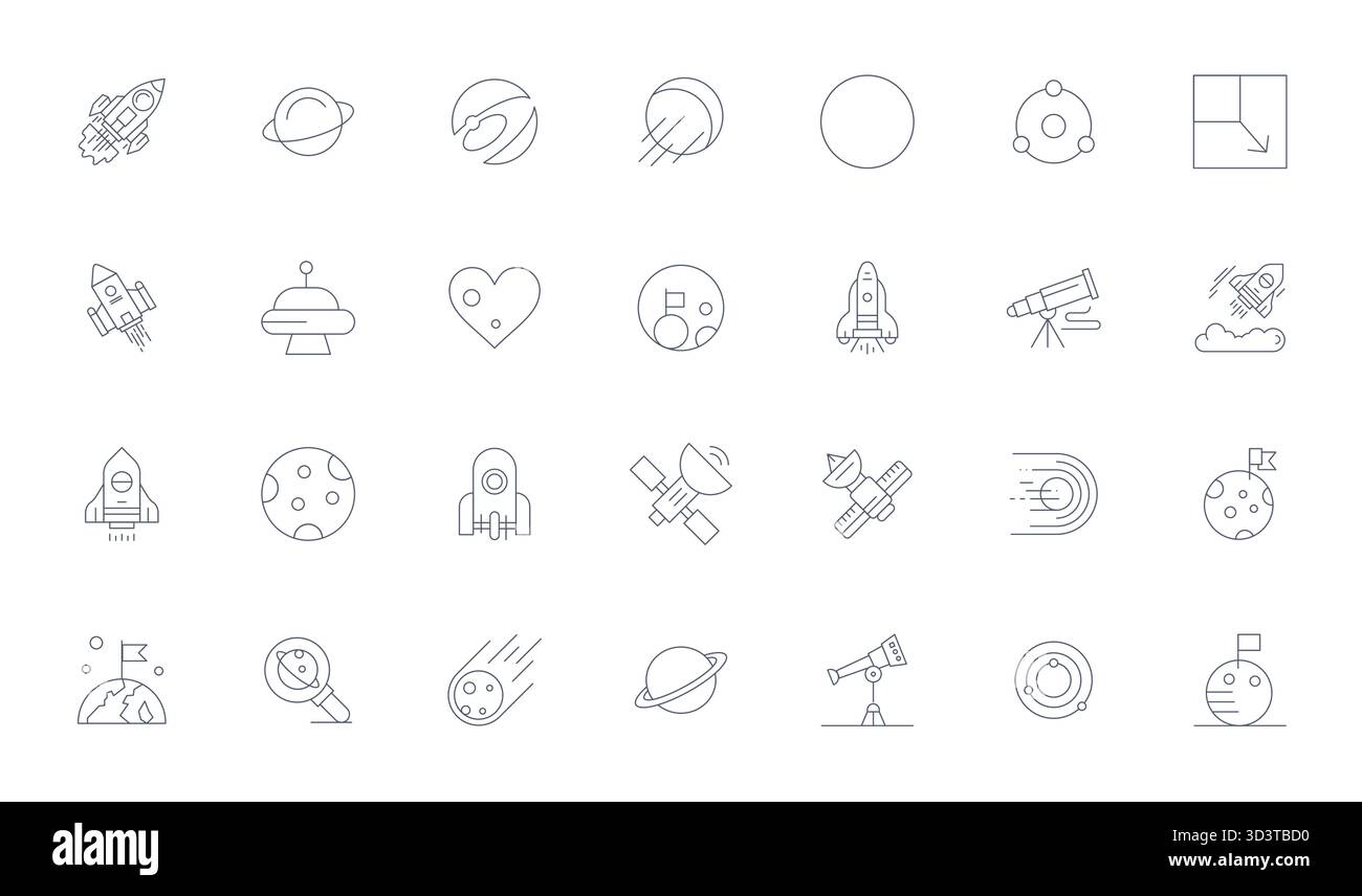 High-performance collection of 28 Thin Line vector icons for Space, engineered with 64x64 Pixel Optimized resolution for optimal user interface design Stock Vector