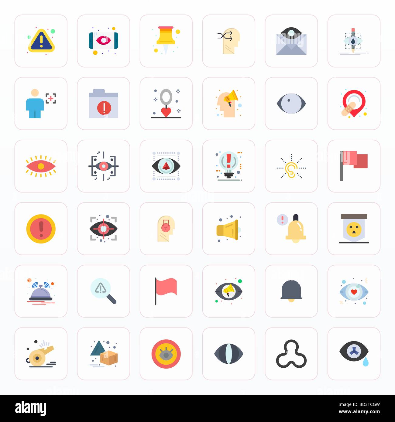 Advanced collection of 36 PIXEL Perfect vector icons inspired by Attention, crafted in Flat with 256x256 optimization for superior visual performance. Stock Vector