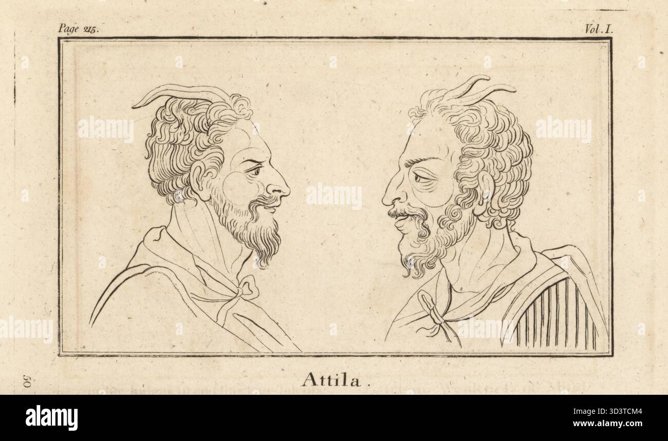 Heads in profile of Attila the Hun, ruler of the Huns, c.406-453. Face ...