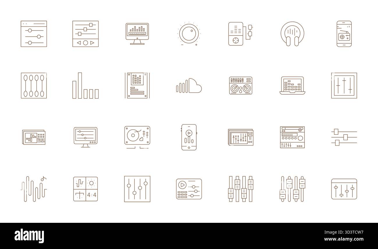 Comprehensive toolkit of 28 vector icons themed around Equalizer, developed in Thin Line with Retina Ready Detail Enhanced precision for versatile des Stock Vector