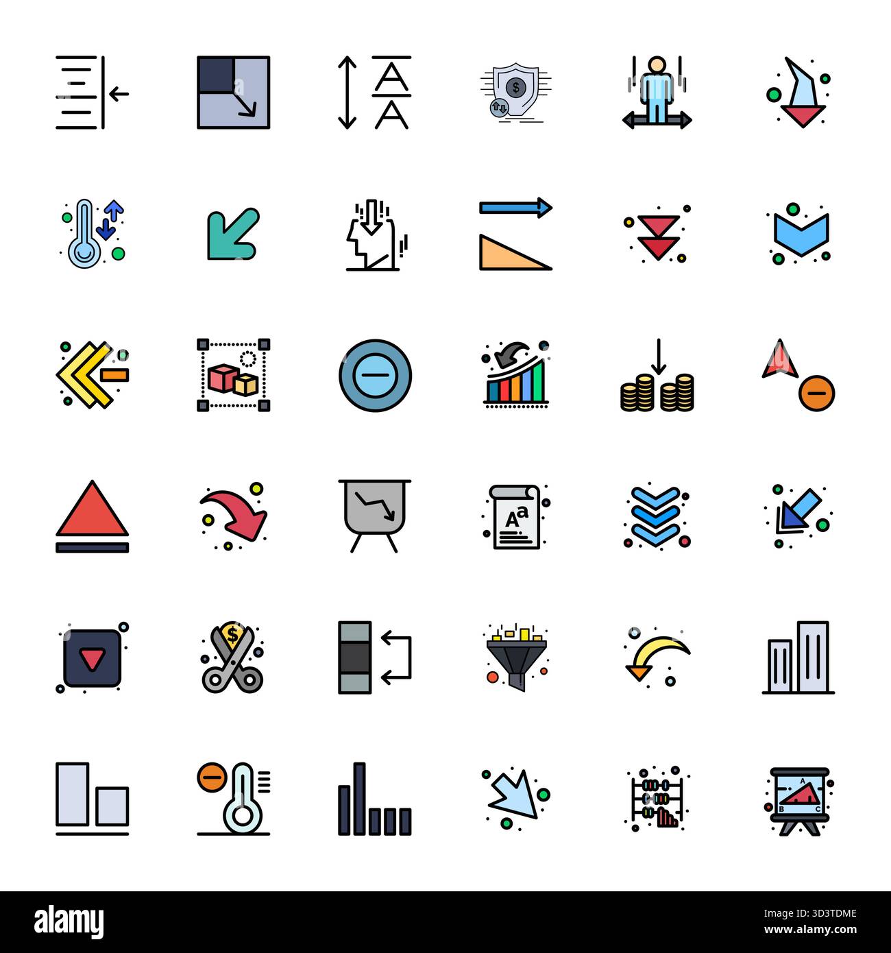 Curated pack of 36 64x64 vector icons in Line Filled design, centered around Decrease concepts with Detail Enhanced clarity. Stock Vector