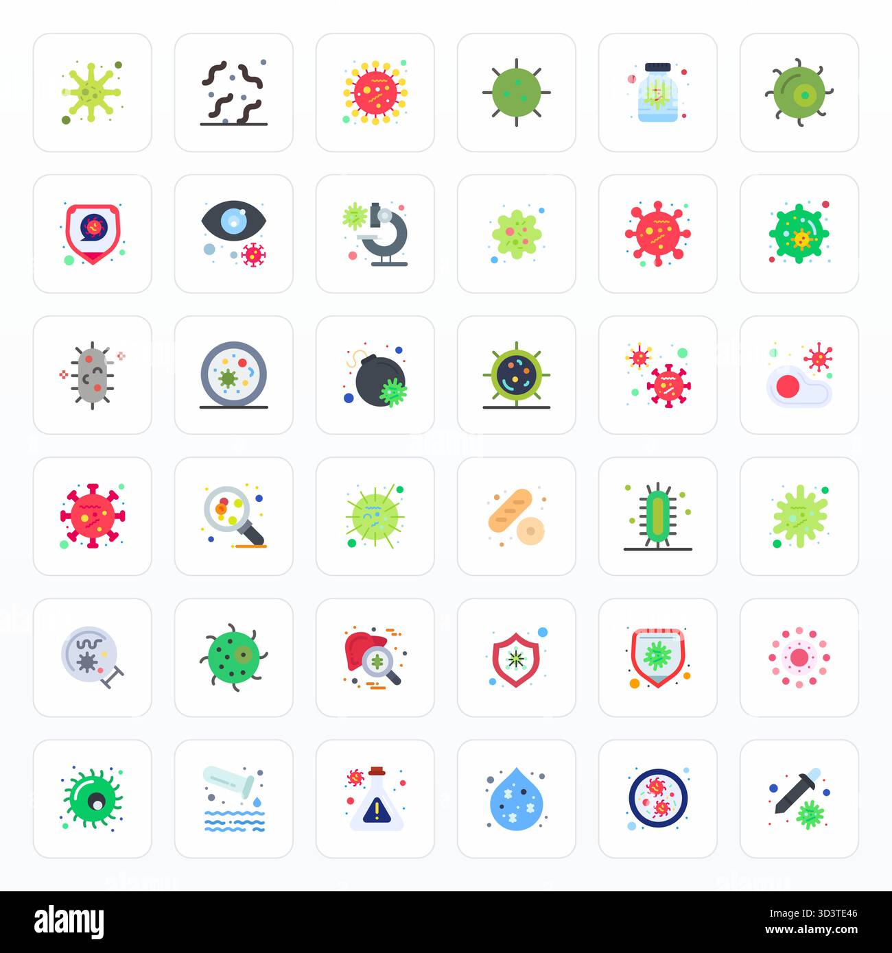 Professional-grade collection of 36 Flat vector icons representing Microbe, crafted with 256x256 Editable precision for enterprise applications. Stock Vector