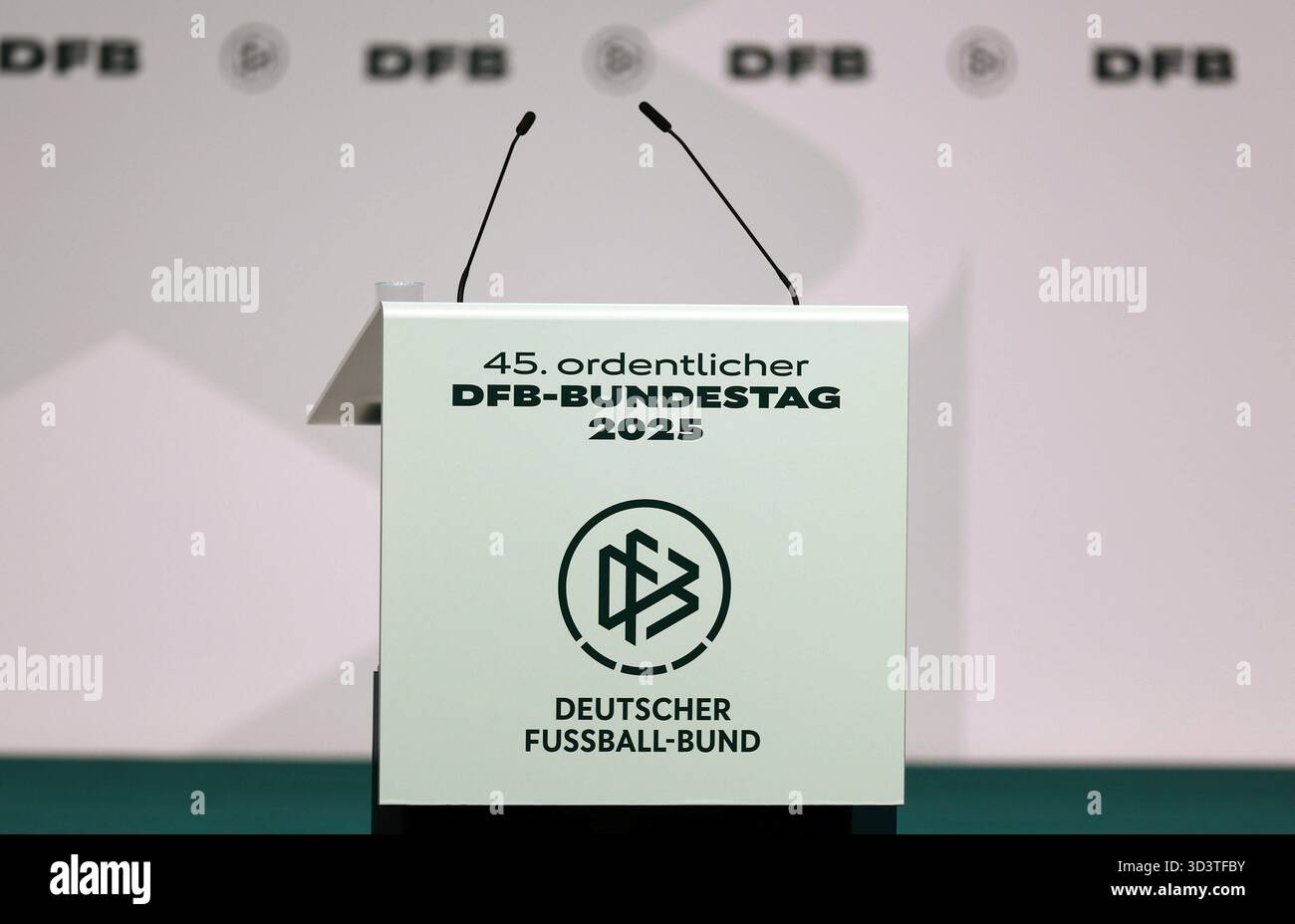 Commentator desk with new DFB logo Frankfurt, November 7, 2025 ...