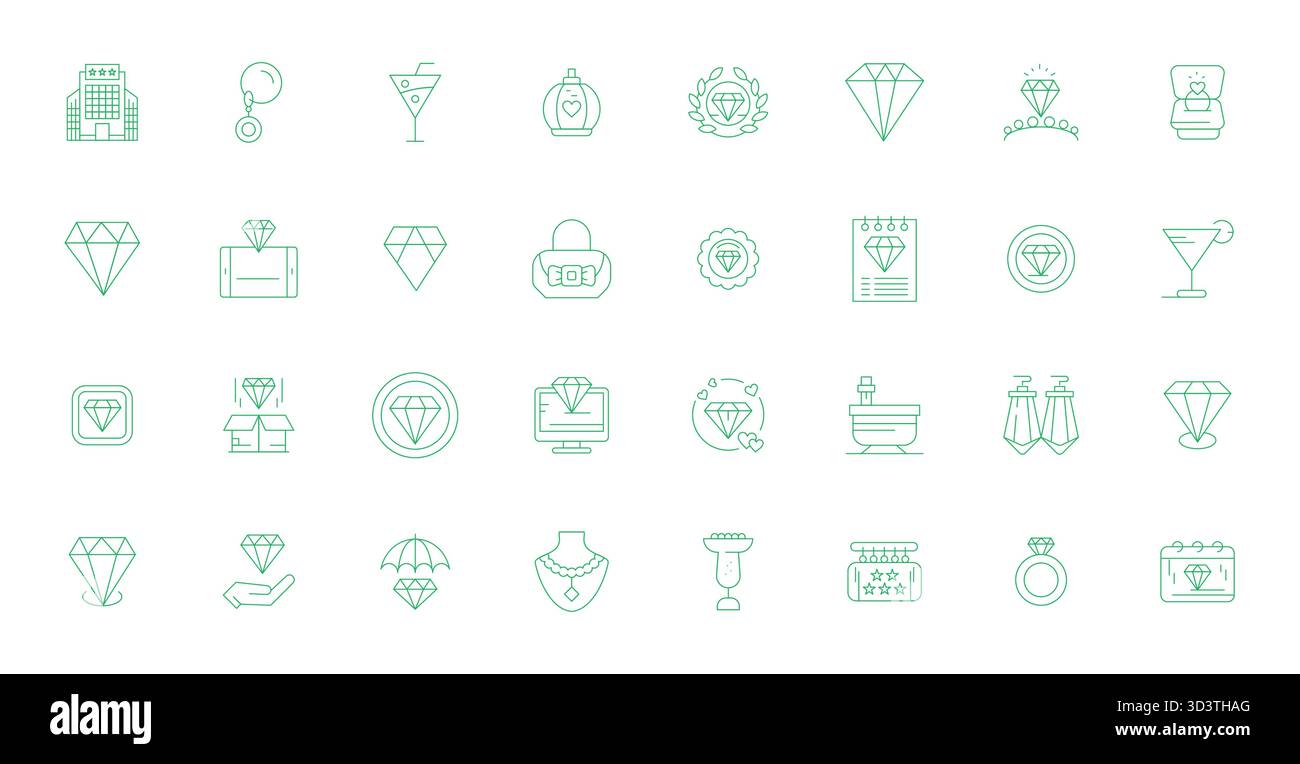 Masterfully created 32 vector icons representing Luxury in Thin Line design, featuring High Resolution Grid Fitted resolution for exceptional visual q Stock Vector