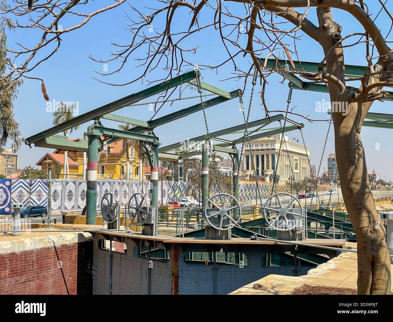 Historic mechanical drawbridge on a canal in Ismailia, Egypt - Smartphone Captured Stock Image