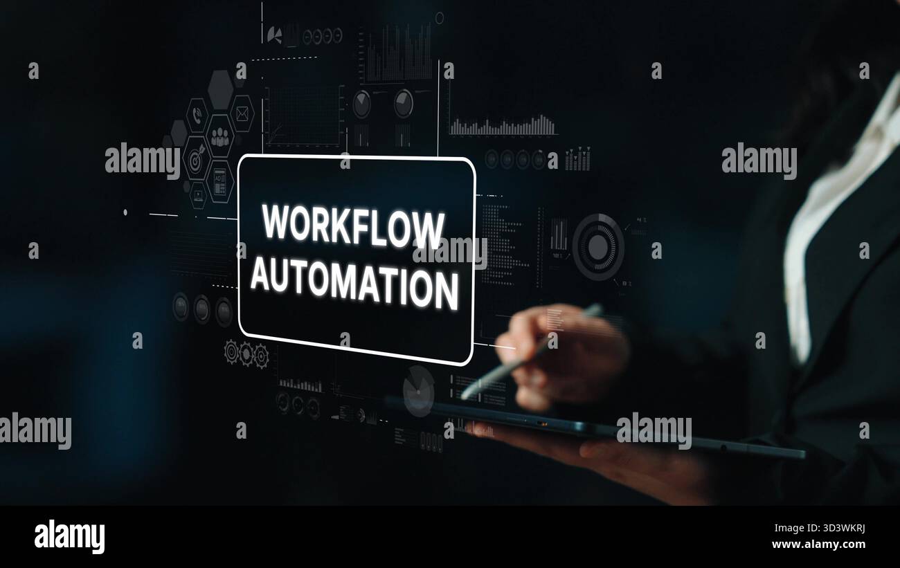 Workflow Automation Concept with Businesswoman and Digital Interface Displaying Analytics Data and Graphs. Asymptotic smart data analytic. Stock Photo