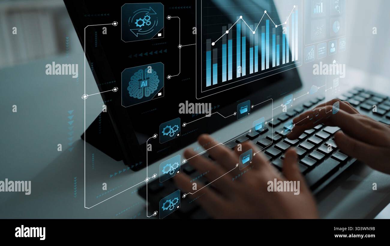 Data flow from database and cloud to processing and analytics dashboards, representing data analysis, automation, insight generation, and digital Stock Photo