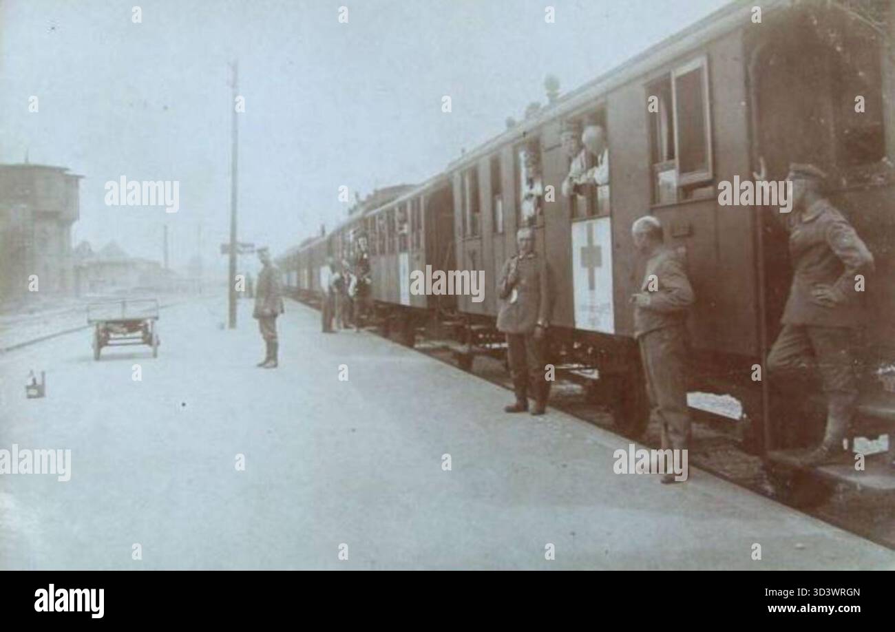 This 1917 photograph captures Vilnius train station, showing a military ...