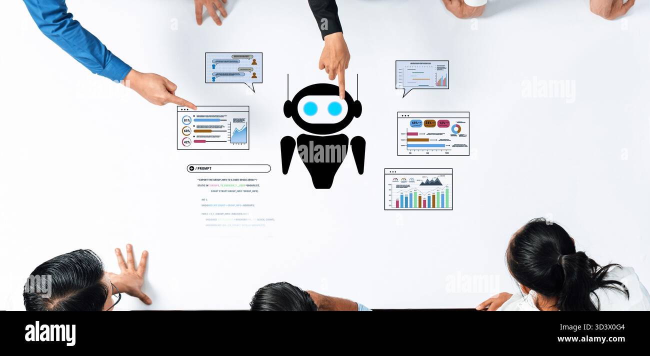 A diverse business team collaborates using chatbot technology and data visuals on a table, exemplifying modern decision-making and innovative problem Stock Photo