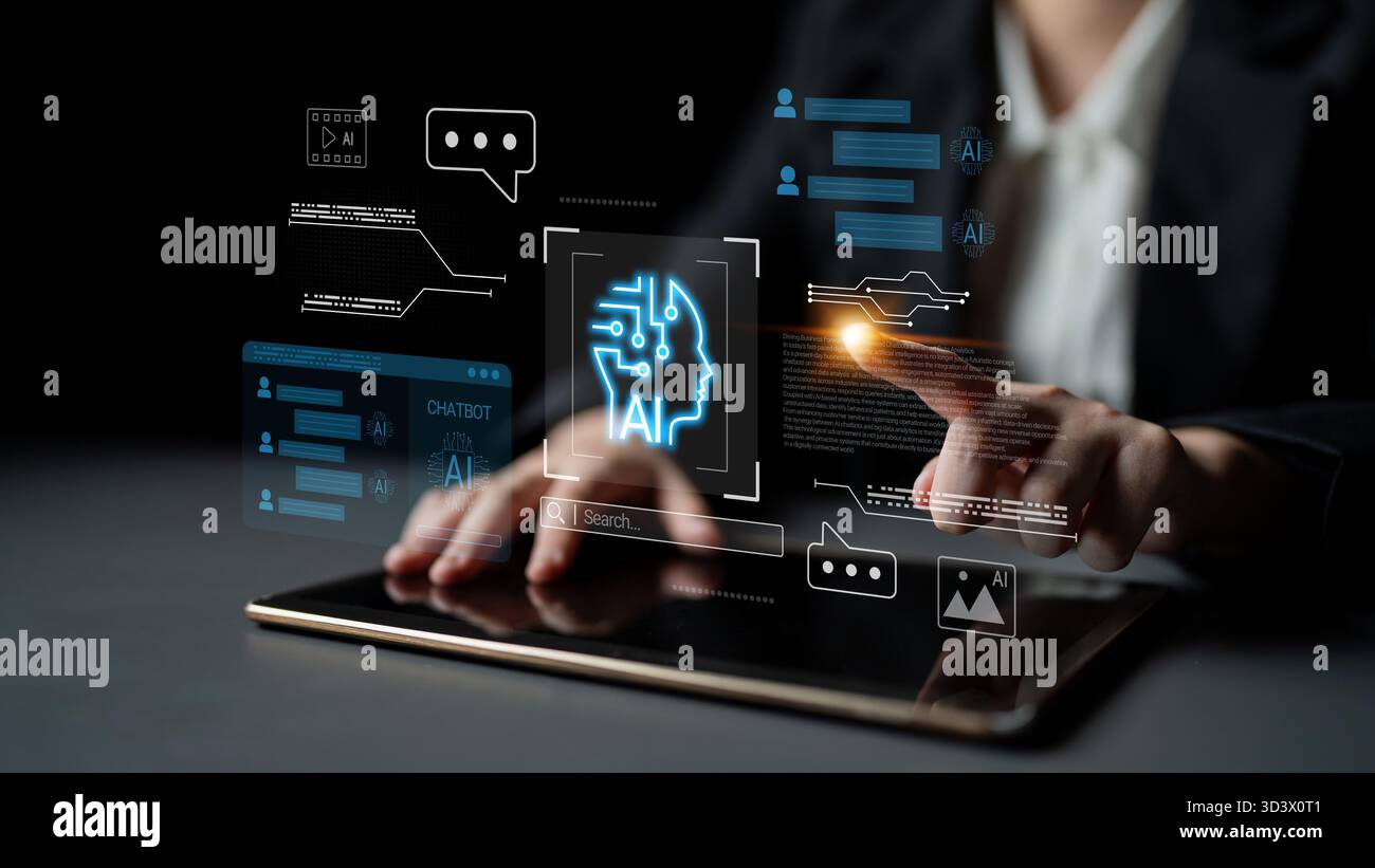 AI chatbot interface, communication bubbles, and connected data ...