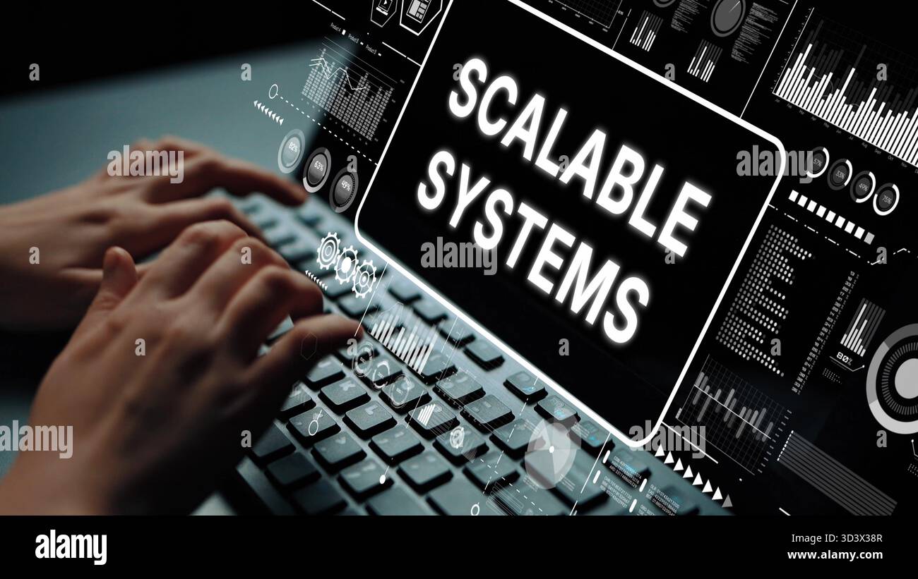 Hands Typing on Keyboard with Futuristic Interface Displaying Scalable Systems Concept in Technology Environment. Asymptotic smart data analytic. Stock Photo