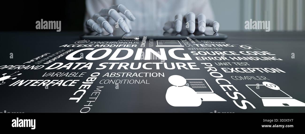 Creative representation of coding concepts with hands typing on a keyboard, showcasing coding, algorithms, data structure, process, and interface Stock Photo