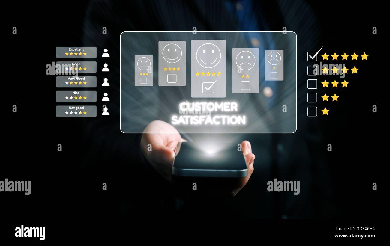 A professional hand presents a smartphone glowing with customer ...
