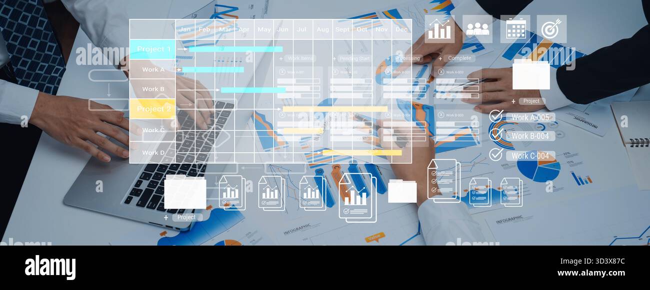Digital visualization of multiple project timelines with progress tracking, documents, and team collaboration symbols Parse Stock Photo