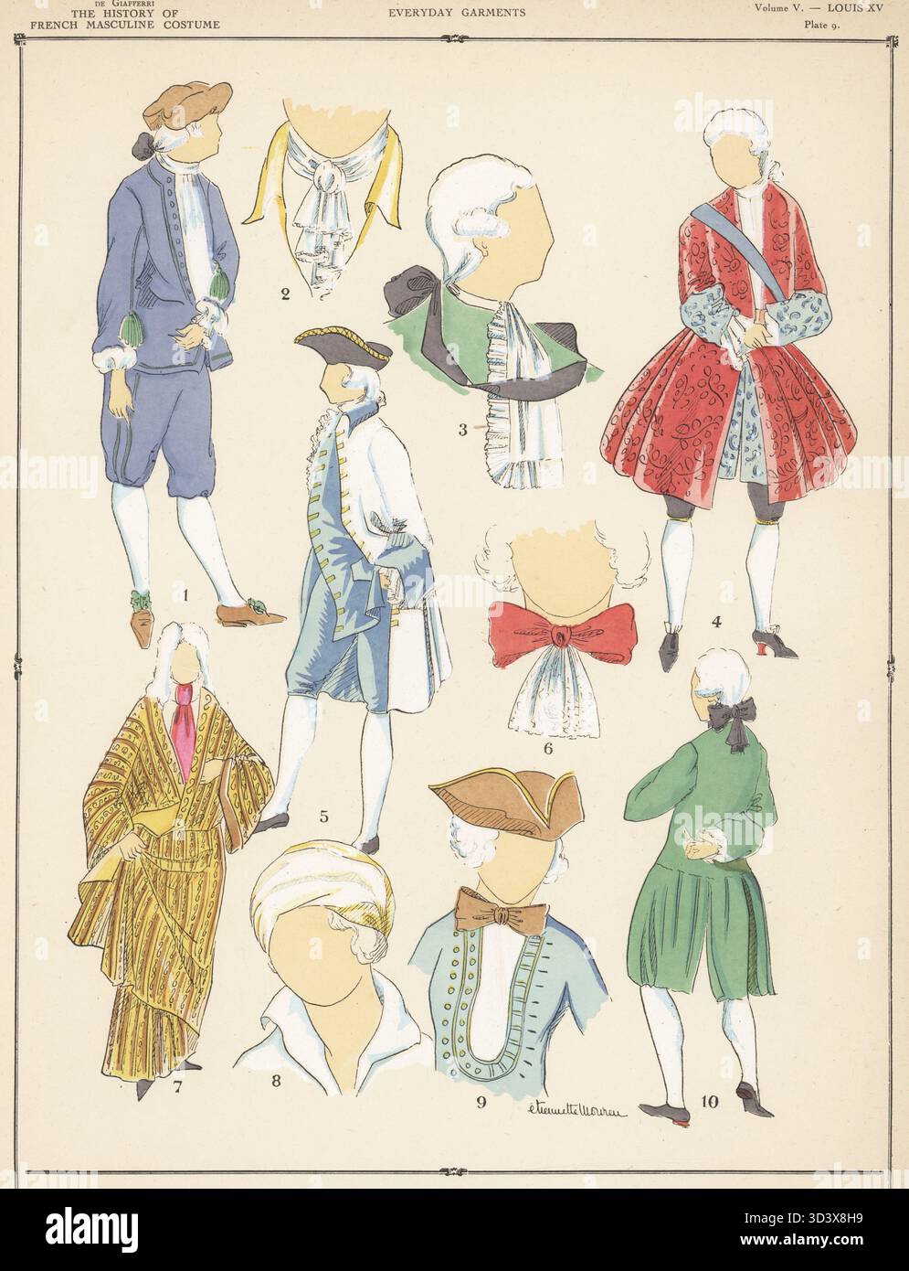 Men's everyday garments of the era of Louis XV of France. Ordinary costume 1, servant's cravat 2, black silk cravat 3, courtier's costume 4, king's officer's costume 5, nobleman's cravat 6, dressing gown 7, wine-dresser's head-gear 8, habit 9 and easy costume for the country 10. Hand-coloured pochoir (stencil) lithograph by Etiennette Moureu from Paul Louis de Giafferri's History of French Masculine Costume from 420 to 1870, Foreign Publications, New York, 1927. Stock Photo