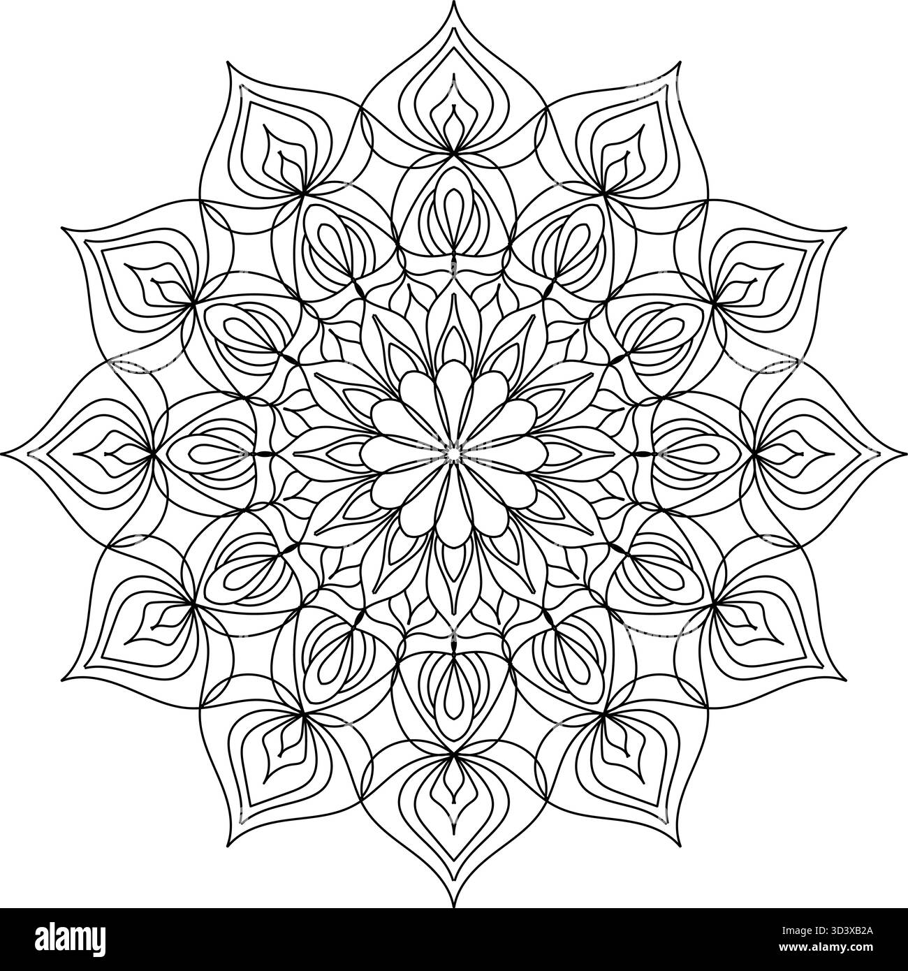 Single intricate floral petal mandala in black and white line art with ...