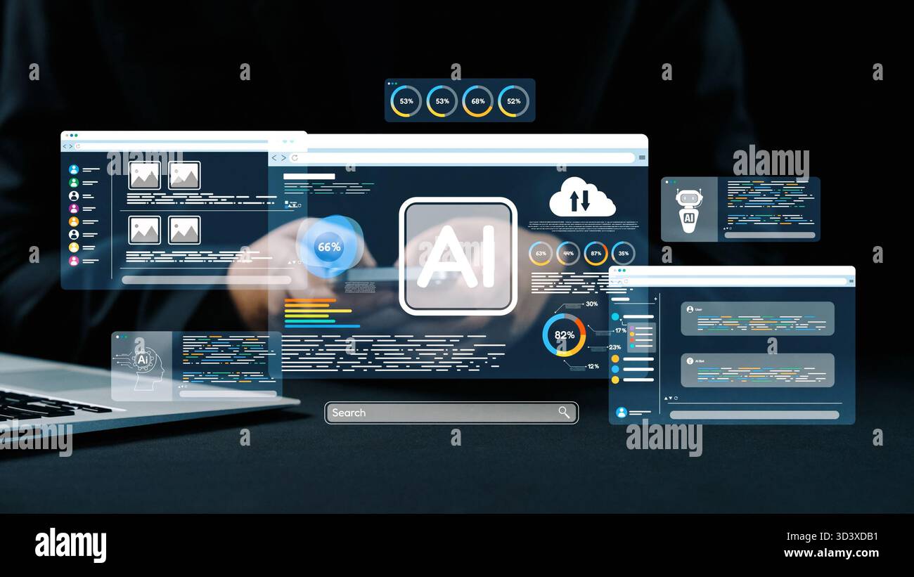 A high-tech digital workspace featuring an artificial intelligence interface with multiple screens displaying data analysis, user interaction elements Stock Photo