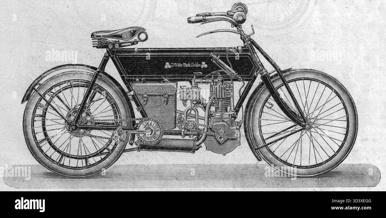 A 1906 motorcycle by Walter, featuring a single-cylinder engine with 3.0-3.5 horsepower, priced at 1,100 K at the time. Stock Photo