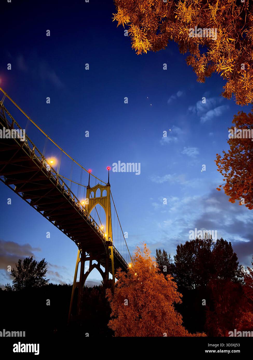 Illuminated by warm lights against the deep blue evening sky, the iconic St . Johns bridge in Portland Oregon streatches gracefully across a river. - Smartphone Captured Stock Image