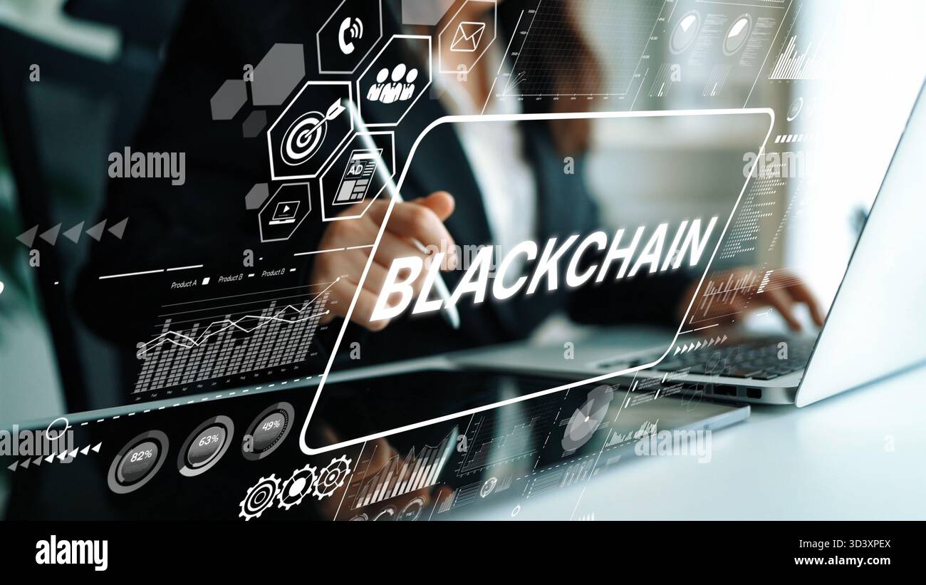 Business Professional Working with Blockchain Technology and Data Analytics on a Modern Digital Interface. Asymptotic smart data analytic. Stock Photo