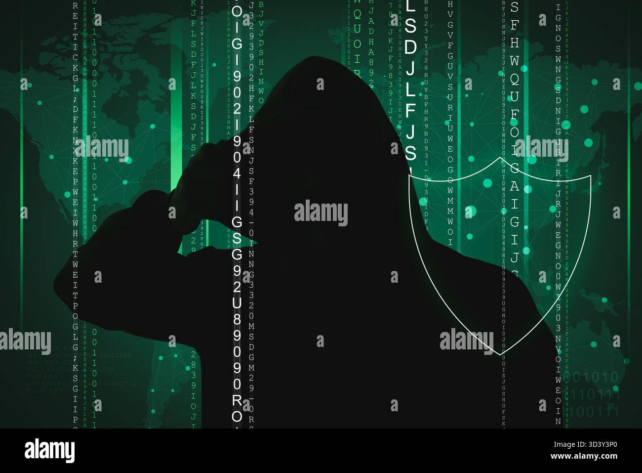 Cyber attack. Anonymous hacker against digital world map. Shield and codes on dark green background Stock Photo
