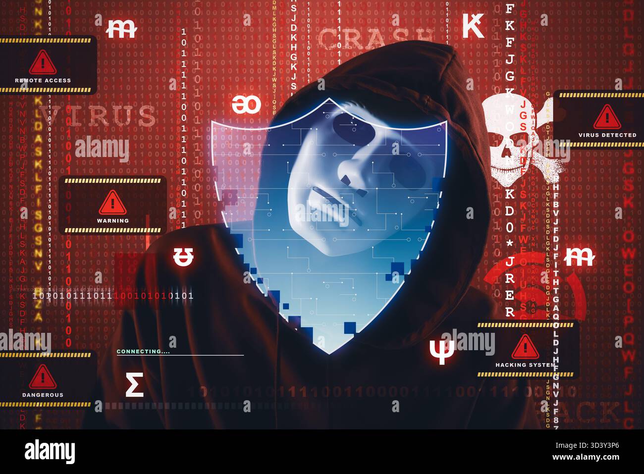 Cyber attack. Anonymous hacker looking at dissolving shield on virtual screen. Warning system notifications Stock Photo