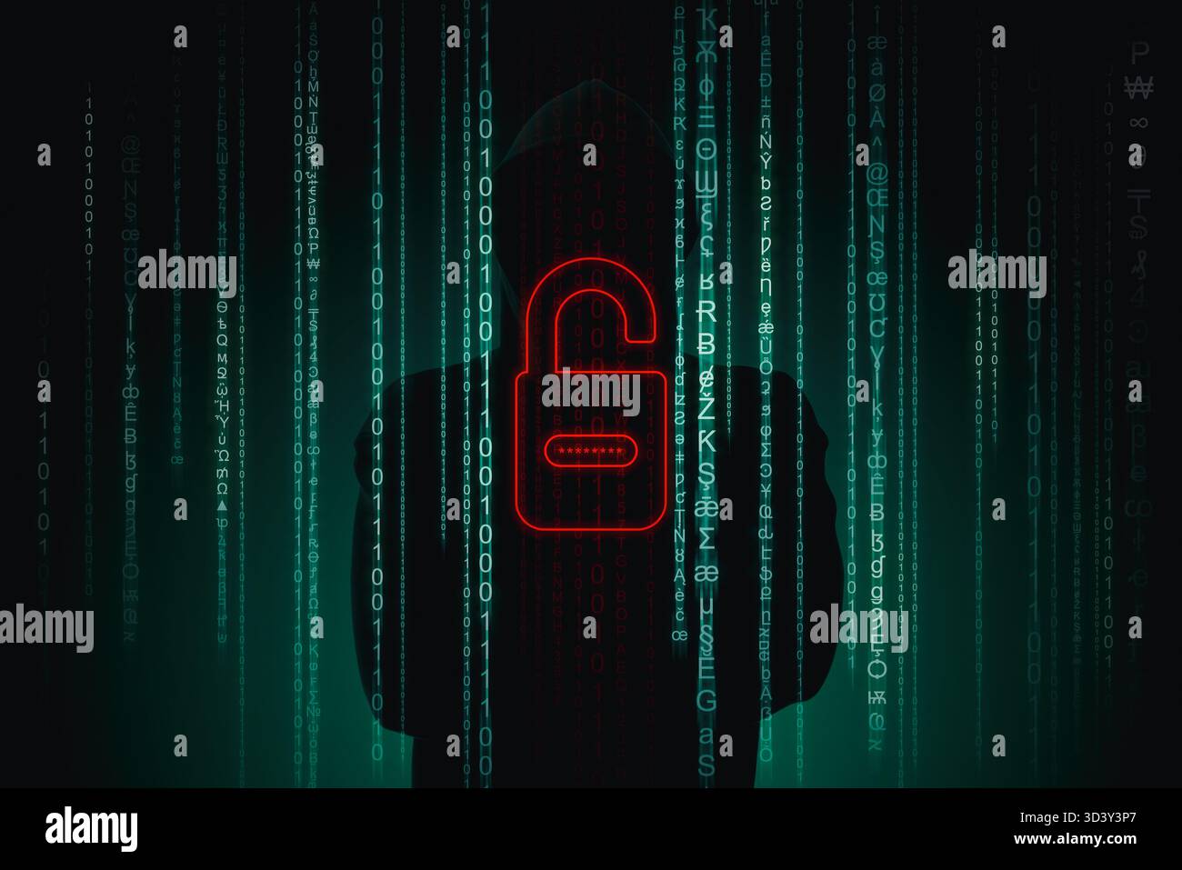 Cyber attack. Anonymous hacker, digital open lock and programming codes on dark green background Stock Photo