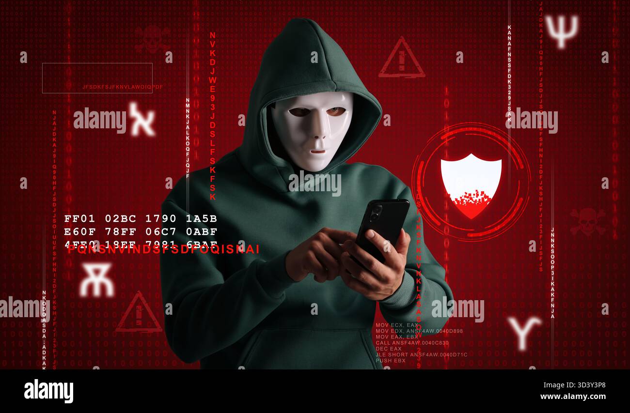Cyber attack. Anonymous hacker in mask using mobile phone on red background. Programming code and different symbols Stock Photo