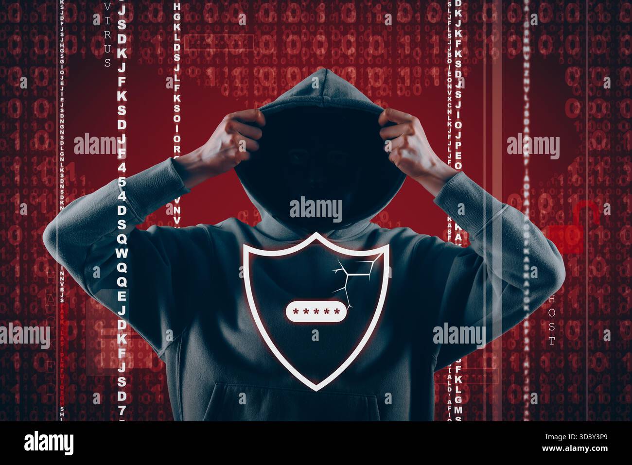 Cyber attack. Anonymous hacker in mask looking at shield with password asterisks on virtual screen. Binary code on dark red background Stock Photo