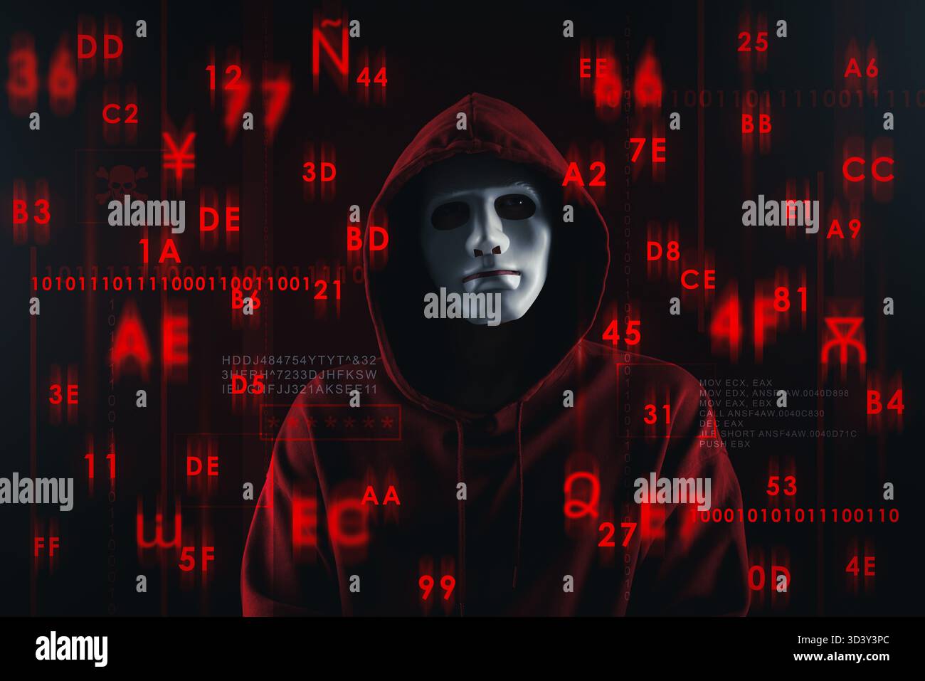 Cyber attack. Anonymous hacker in mask on dark background. Programming code and different symbols Stock Photo
