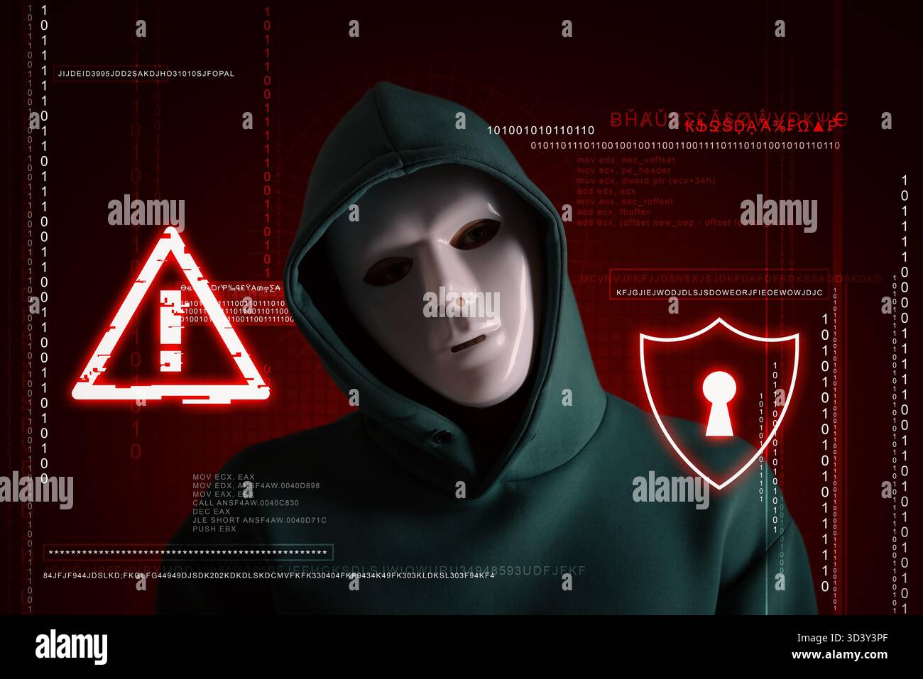 Cyber attack. Anonymous hacker in mask on dark red background. Programming codes, warning sign and shield with lock hole Stock Photo