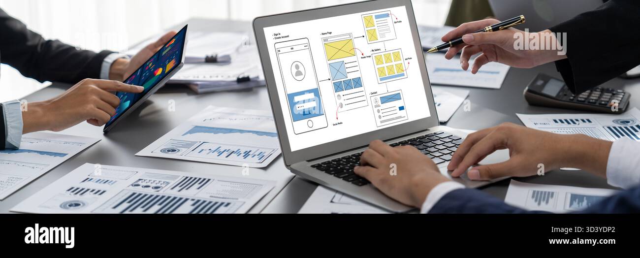 UX UI design process for brisk mobile application and website . Creative prototype of wireframe for professional app developer . Stock Photo