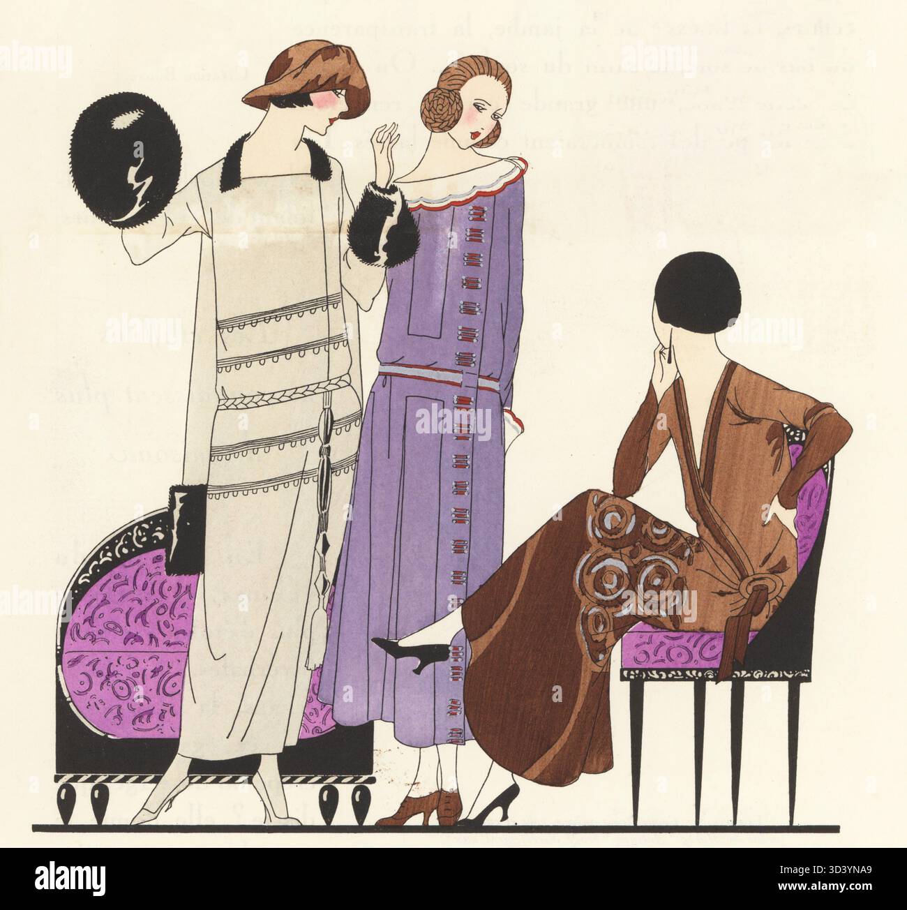 French flappers in outfits by Gustave Beer in art deco furniture by Mercier  Freres, 1932. Woman in grey velvet suit with chinchilla trim, girl in blue  poplin gown organdi collar, and seated