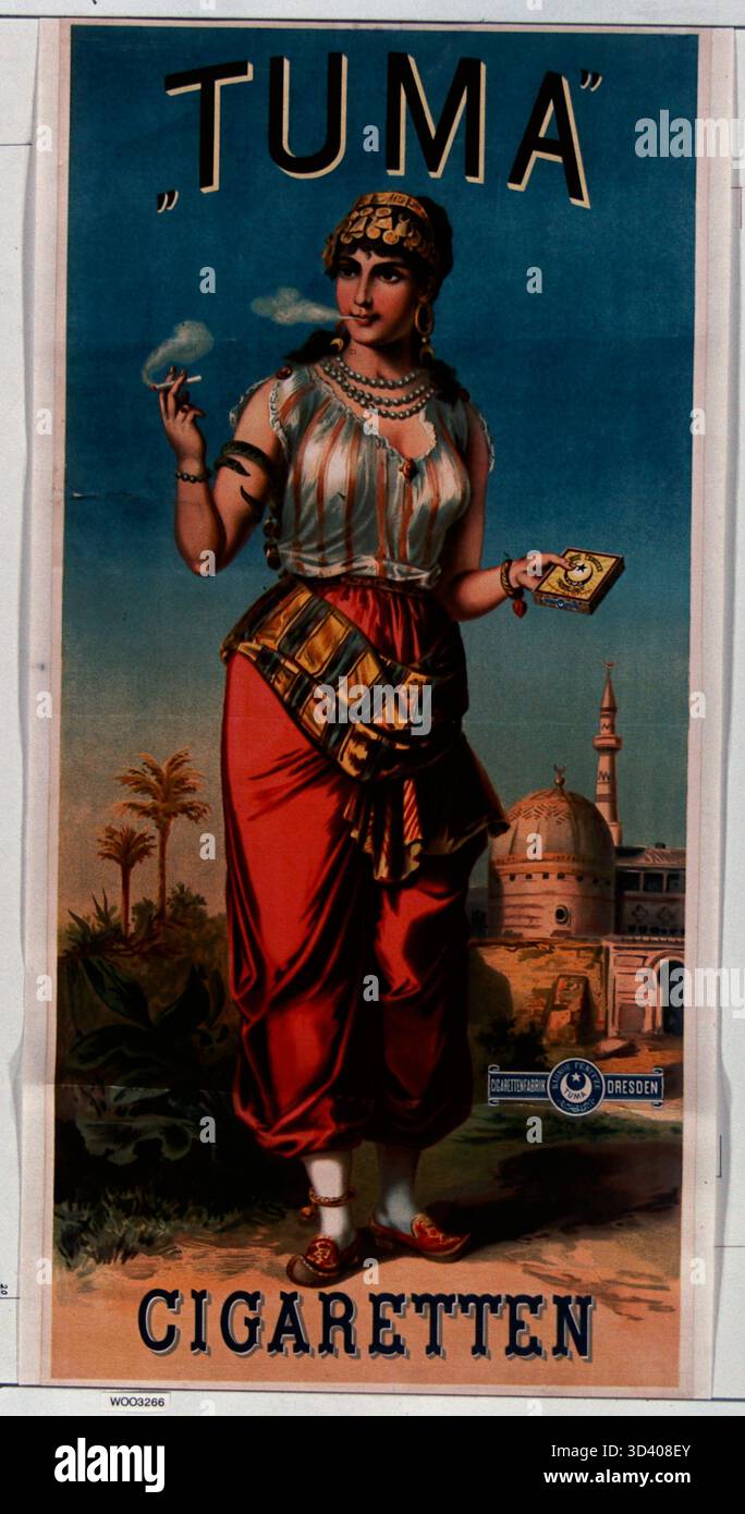 This advertisement from 1890 promotes Tuma Cigarettes, produced by the Cigarette Factory in Dresden. It highlights the brand's presence in the German tobacco industry during the late 19th century. Stock Photo