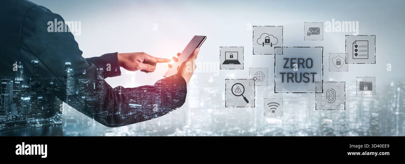 Zero trust model enhances data protection. Zero trust blocks unauthorized access, secures devices, zero trust defends networks, and zero trust Stock Photo