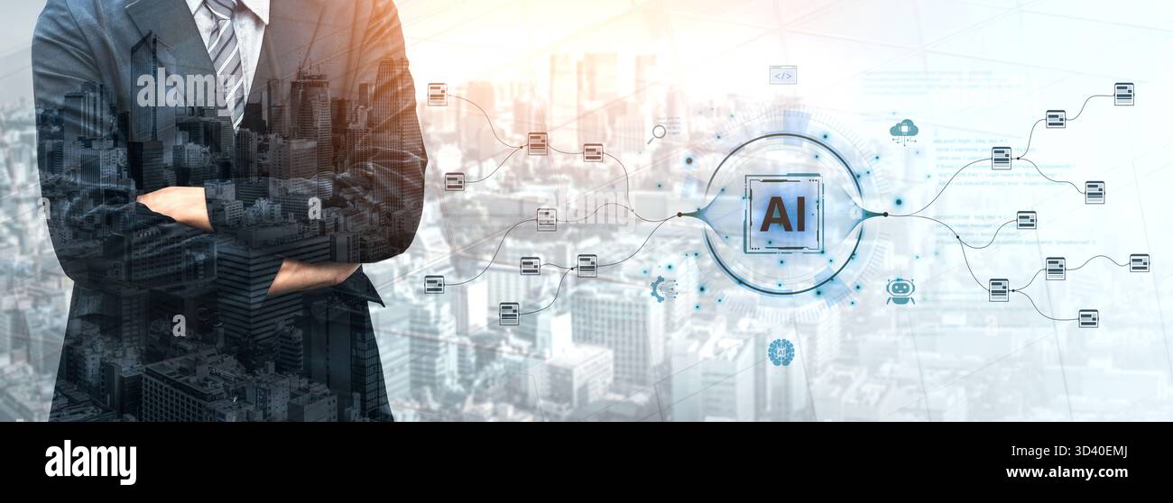 An AI-powered system for automating data workflows. The central intelligence processes and distributes information, managing complex data pipelines as Stock Photo